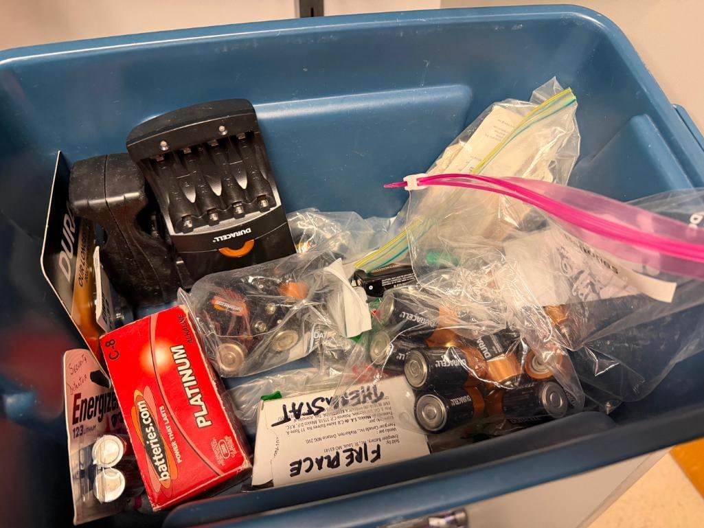 SMALL TUB FULL OF ASSORTED BATTERIES INCLUDING TWO DURACELL 14 PACK D BATTERIES - 8