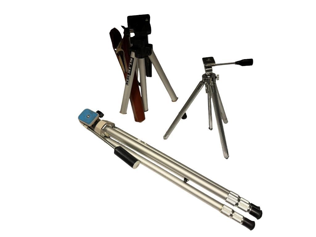 THREE PHOTOGRAPHY TRIPODS INCLUDING VIVITAR, SLIK 38T4, AND SUNSET JAPANESE MADE TRIPOD: ALL WITH TELESCOPING LEGS, SLIK INCLUDES CASE UP TO 48" LEGS