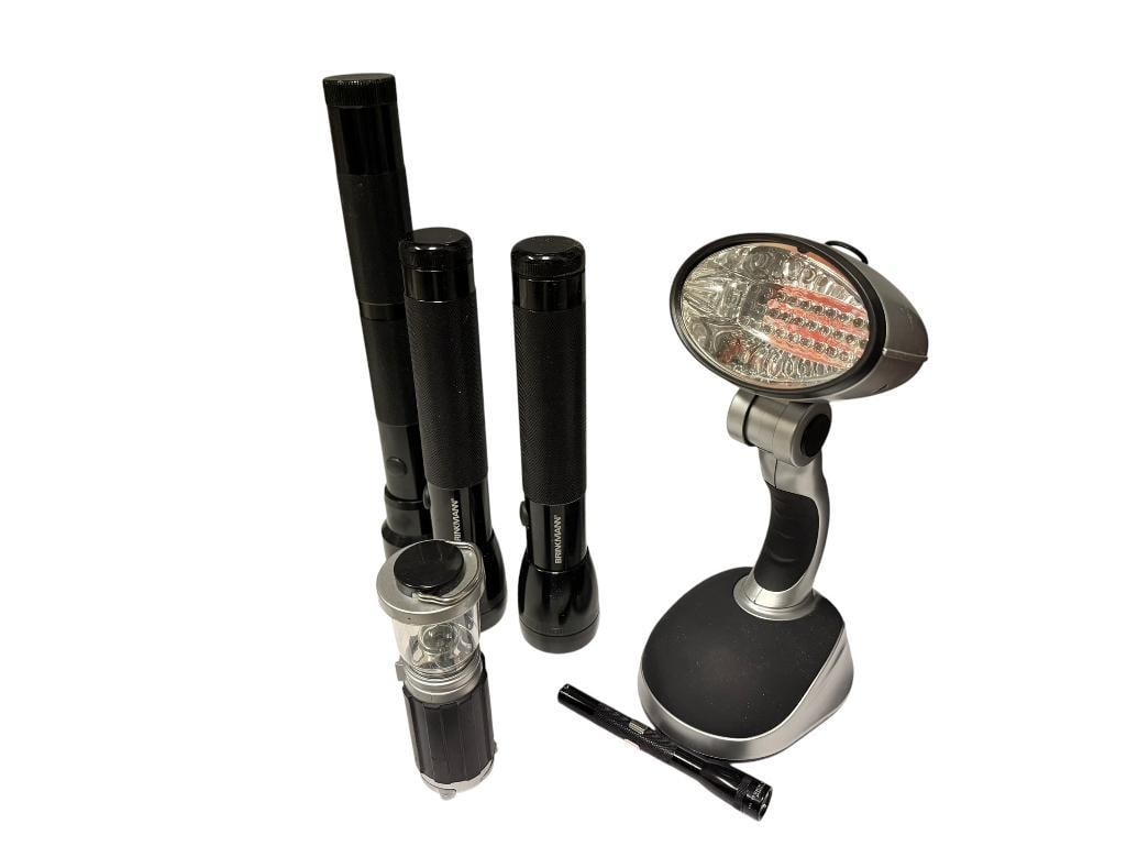 SIX ASSORTED FLASHLIGHTS INCLUDING BRINKMANN AND MINI-MAGLITE: ALSO INCLUDES RECHARGEABLE LIGHT BUT NO POWER CORD INCLUDED UP TO 13"