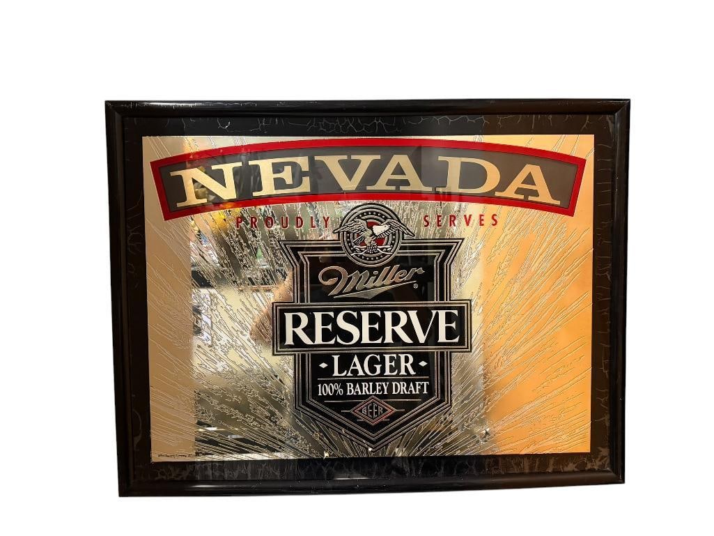 MILLER RESERVE LAGER " NEVADA PROUDLY SERVES " ADVERTISEMENT BEER SIGN BAR MIRROR (1 of 6)