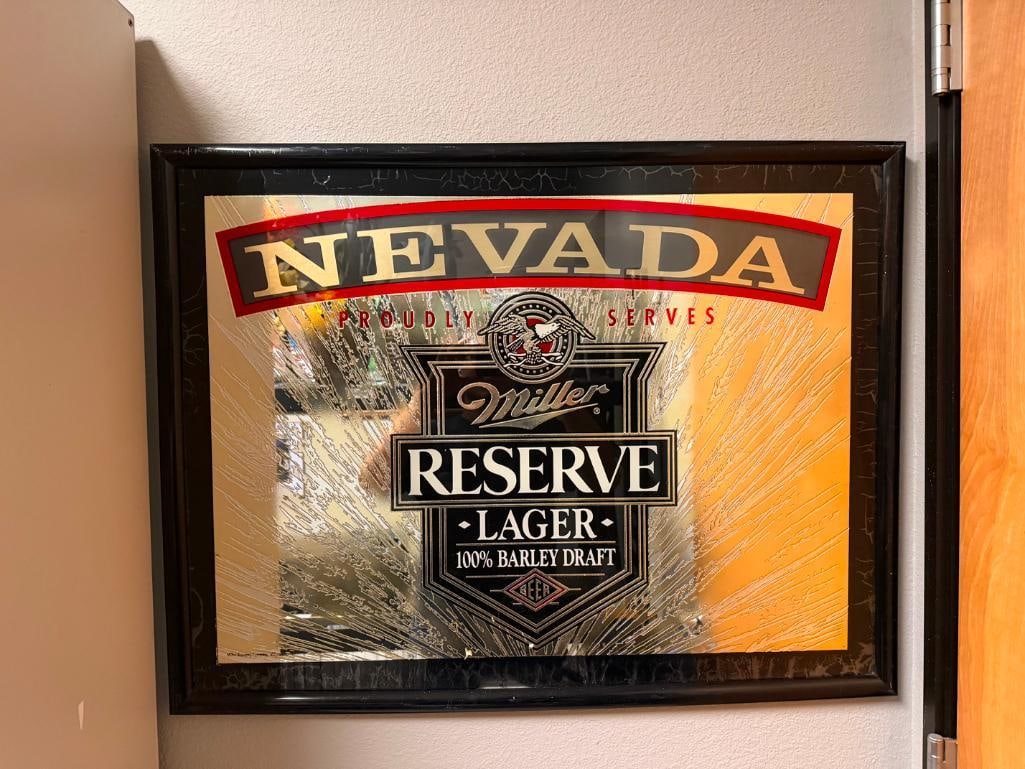 MILLER RESERVE LAGER " NEVADA PROUDLY SERVES " ADVERTISEMENT BEER SIGN BAR MIRROR - 2