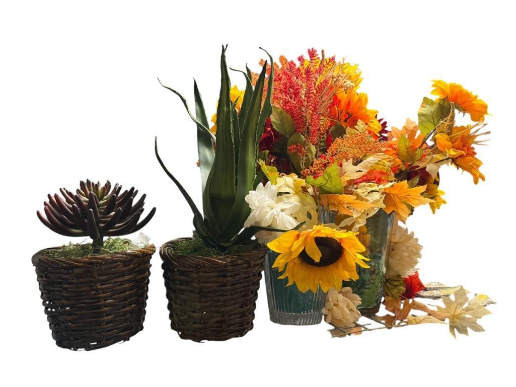 FOUR DECORATIVE HOME DECOR ARTIFICAL PLANT AND FLOWER VASES AND BASKETS (1 of 10)