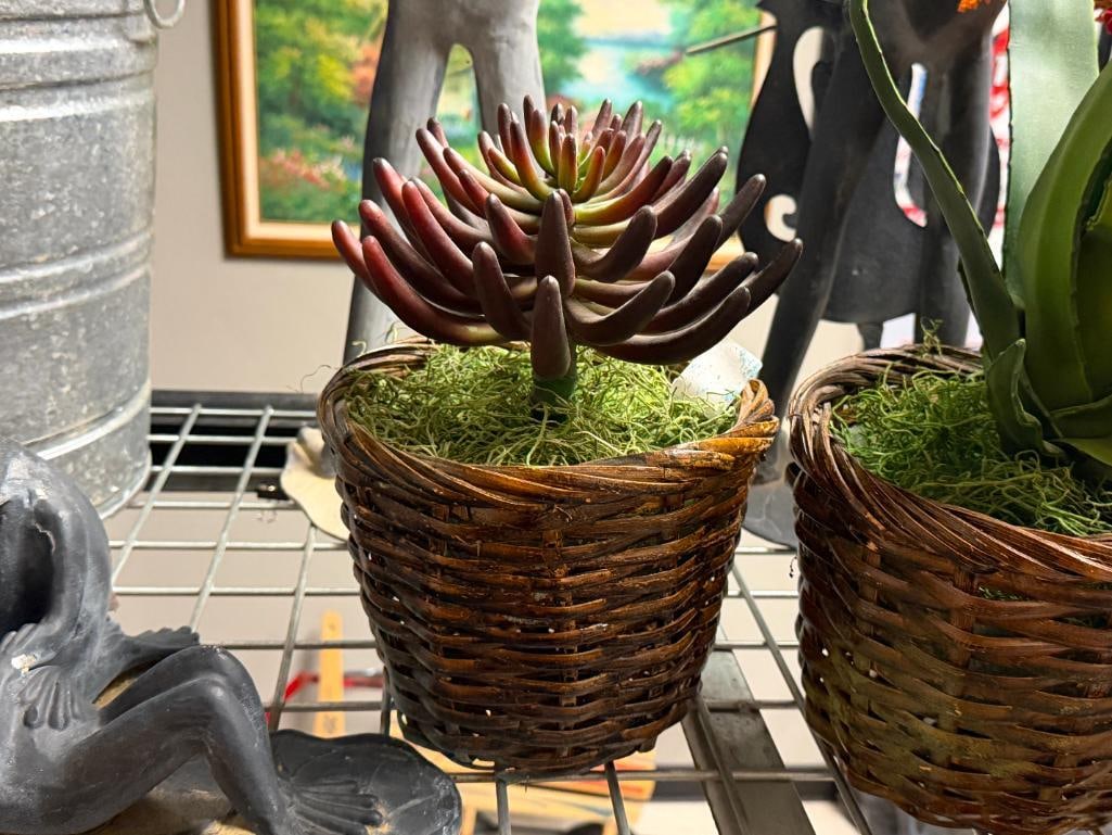 FOUR DECORATIVE HOME DECOR ARTIFICAL PLANT AND FLOWER VASES AND BASKETS - 2