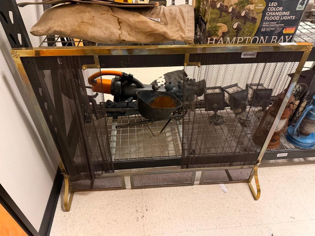 VINTAGE BRASS FRAMED AND METAL WIRE MESH FIRE SCREEN - 2
