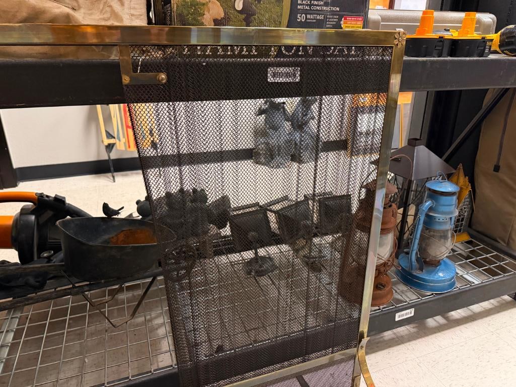VINTAGE BRASS FRAMED AND METAL WIRE MESH FIRE SCREEN - 6