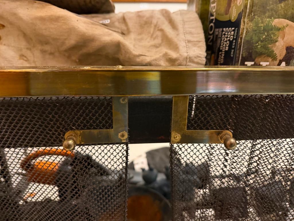 VINTAGE BRASS FRAMED AND METAL WIRE MESH FIRE SCREEN - 8