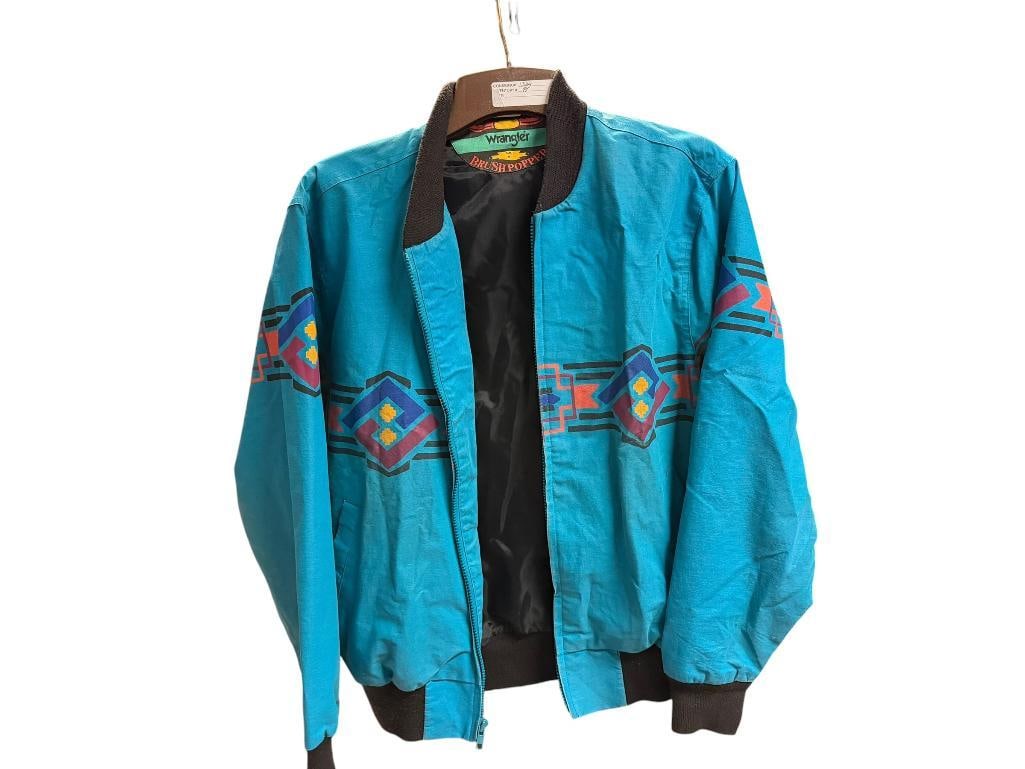 VINTAGE 1990'S WRANGLER BRUSHPOPPER BOMBER JACKET FEATURING TURQUOISE AZTEC PRINT: SOUTHWESTERN GEOMETRIC PATTERN, FAIR CONDITION SIZE M