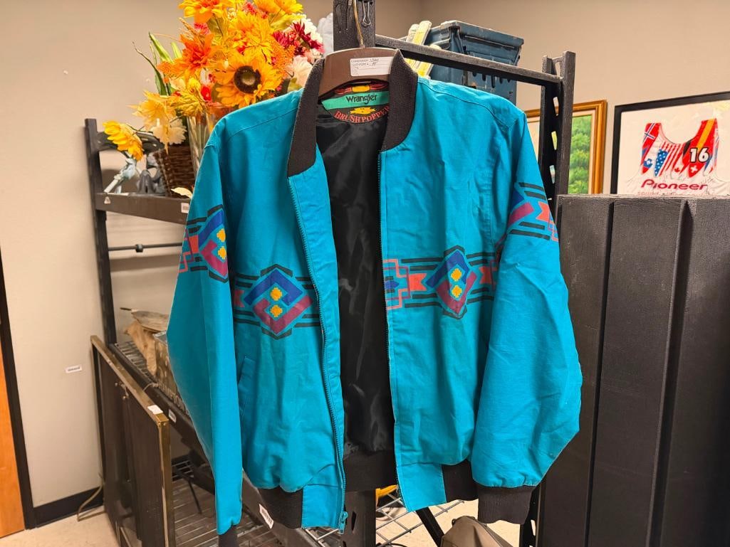 VINTAGE 1990'S WRANGLER BRUSHPOPPER BOMBER JACKET FEATURING TURQUOISE AZTEC PRINT - 2