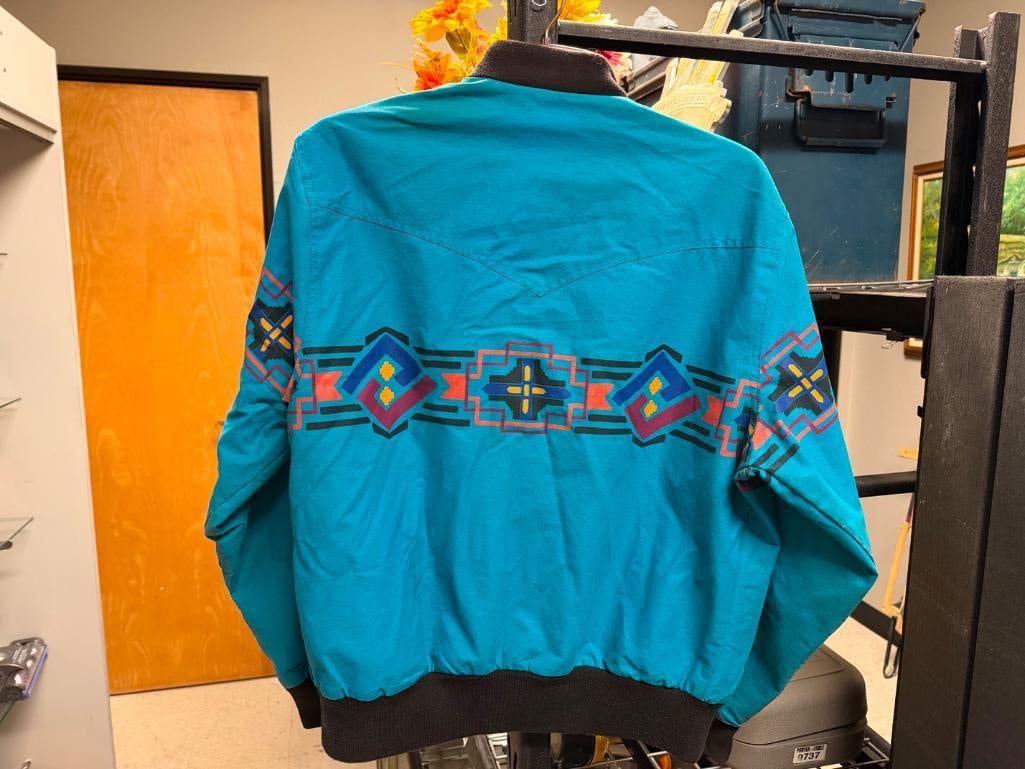 VINTAGE 1990'S WRANGLER BRUSHPOPPER BOMBER JACKET FEATURING TURQUOISE AZTEC PRINT - 8