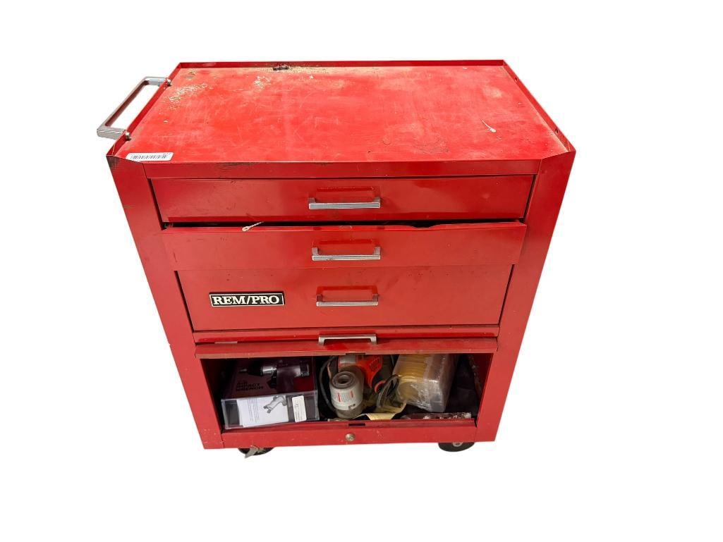 REM/PRO RED METAL TOOL CHEST WITH CONTENTS INCLUDING POWER AND HAND TOOLS: INCLUDES NEW IN PACKAGE 1/2" AIR IMPACT WRENCH BY BARN STAR, HUSKY WATERPROOF STORAGE BINS, AND MORE, INCLUDES THREE DRAWERS AND SINGLE CABINET BASE, FAIR CONDITION, ON CASTORS, LOCKABLE BUT NO KEY IN