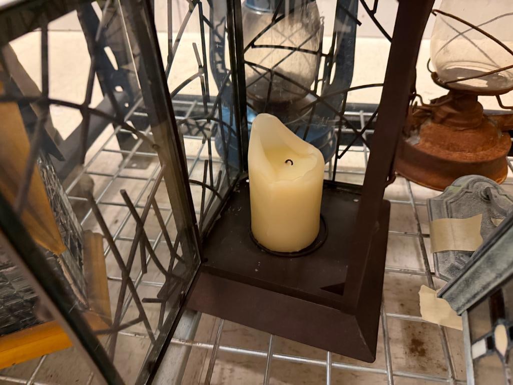 TWO METAL FIGURAL CANDLE LANTERNS AND ONE ELECTRIC OUTDOOR WALL LIGHT - 13