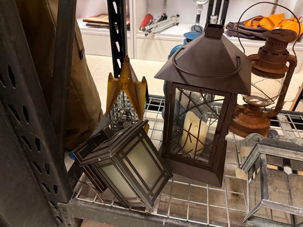 TWO METAL FIGURAL CANDLE LANTERNS AND ONE ELECTRIC OUTDOOR WALL LIGHT - 2