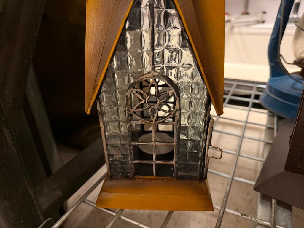 TWO METAL FIGURAL CANDLE LANTERNS AND ONE ELECTRIC OUTDOOR WALL LIGHT - 9