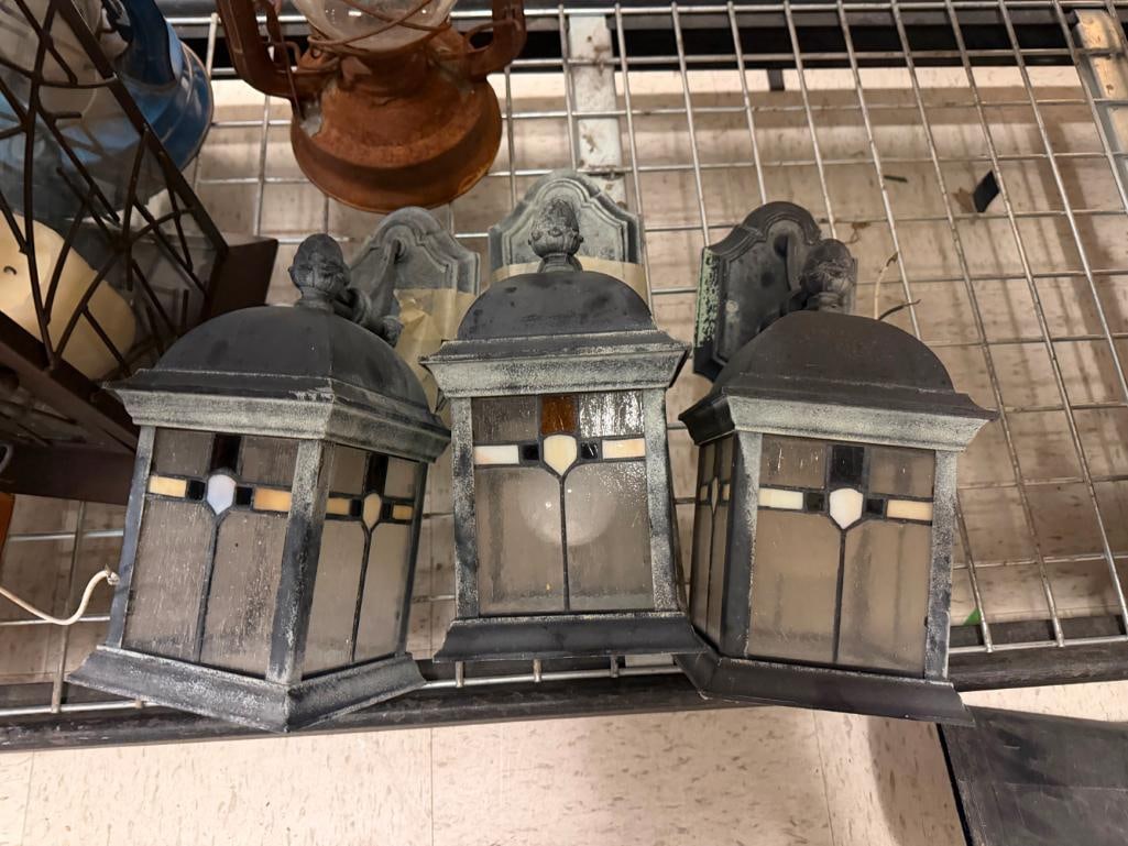 SET OF THREE STAINED GLASS MISSION STYLE DESIGN OUTDOOR WALL LANTERN LIGHTS - 14