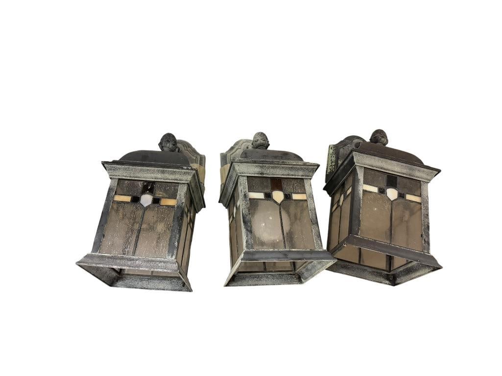 SET OF THREE STAINED GLASS MISSION STYLE DESIGN OUTDOOR WALL LANTERN LIGHTS: MUST BE HARDWIRED, IN PRETTY GOOD CONDITION 5" X 8" X 14"