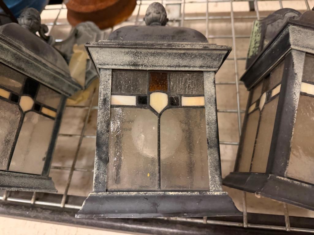 SET OF THREE STAINED GLASS MISSION STYLE DESIGN OUTDOOR WALL LANTERN LIGHTS - 6