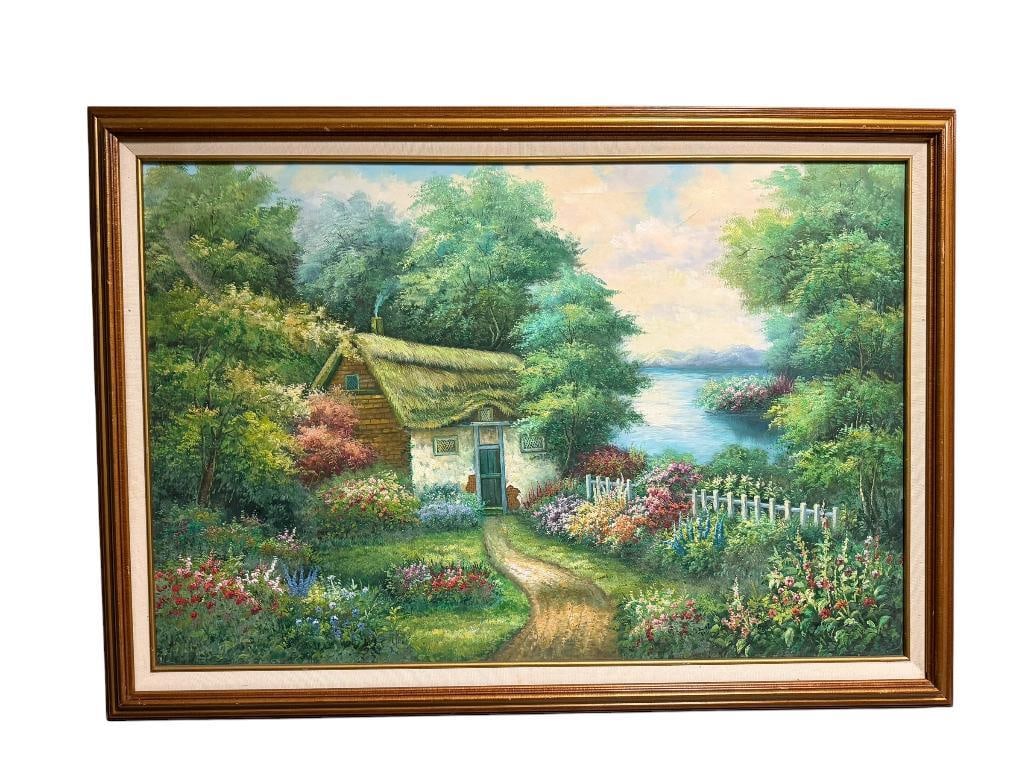 ORIGINAL OIL ON CANVAS PAINTING OF LAKESIDE COTTAGE WITH GREEN FOLIAGE: FEATURES A PLETHORA OF FOLIAGE AROUND COTTAGE WITH MOUNTAIN BACK DROP, UNSIGNED, WOOD FRAMED, MINOR SCUFFS IN CANVAS 40" X 28" FRAME
