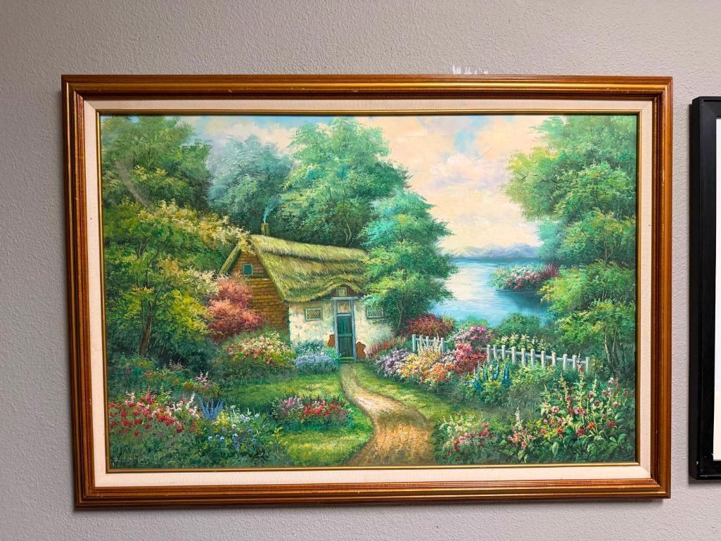 ORIGINAL OIL ON CANVAS PAINTING OF LAKESIDE COTTAGE WITH GREEN FOLIAGE - 2