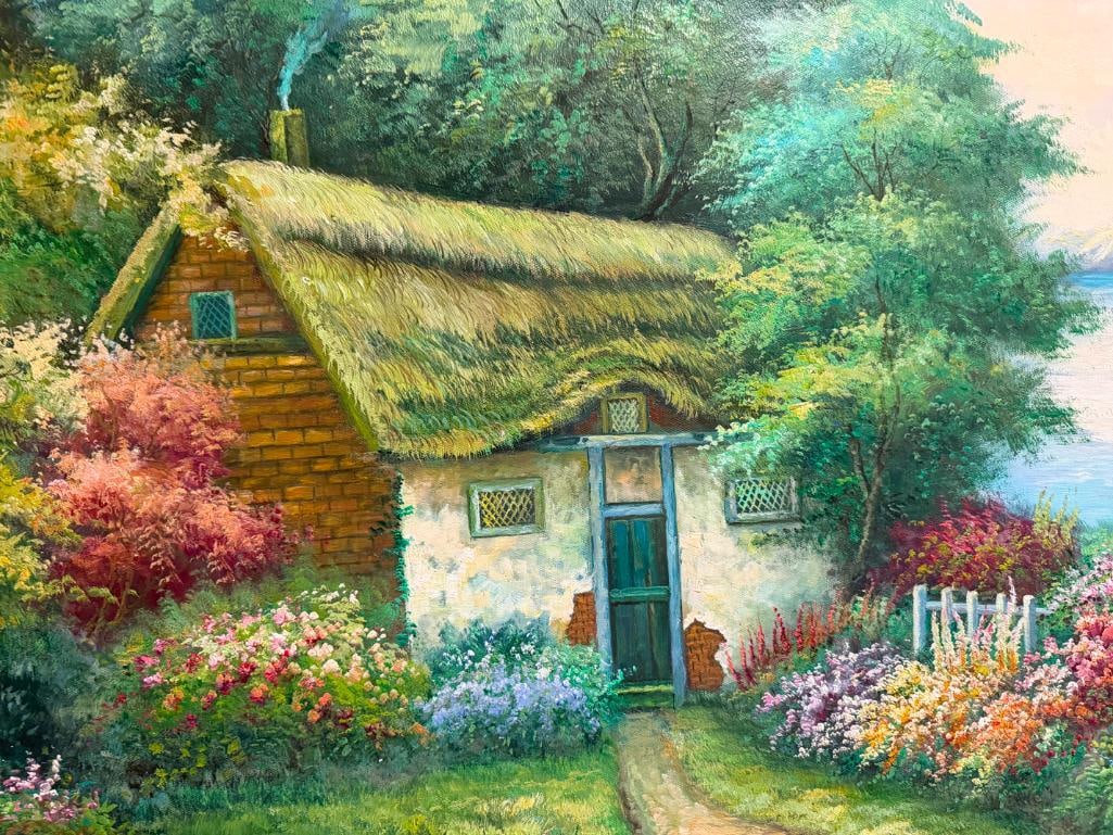 ORIGINAL OIL ON CANVAS PAINTING OF LAKESIDE COTTAGE WITH GREEN FOLIAGE - 3
