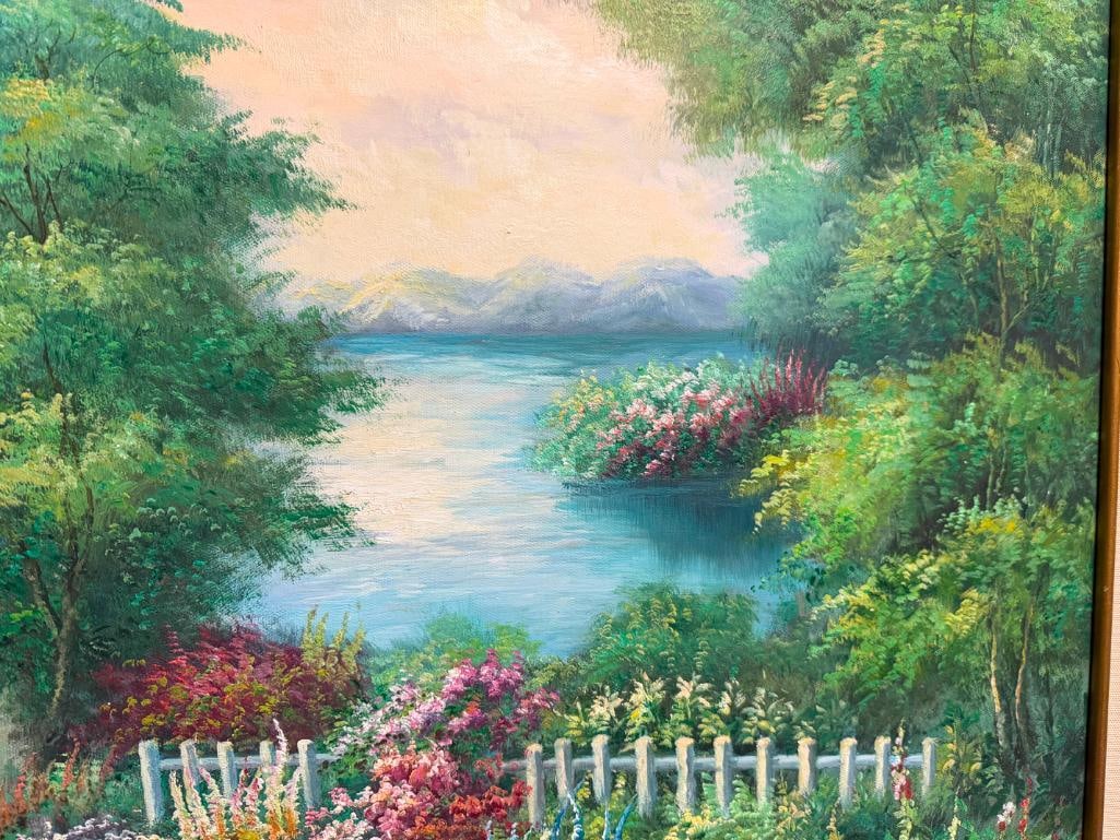 ORIGINAL OIL ON CANVAS PAINTING OF LAKESIDE COTTAGE WITH GREEN FOLIAGE - 4