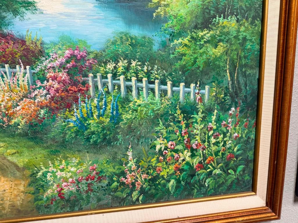 ORIGINAL OIL ON CANVAS PAINTING OF LAKESIDE COTTAGE WITH GREEN FOLIAGE - 5