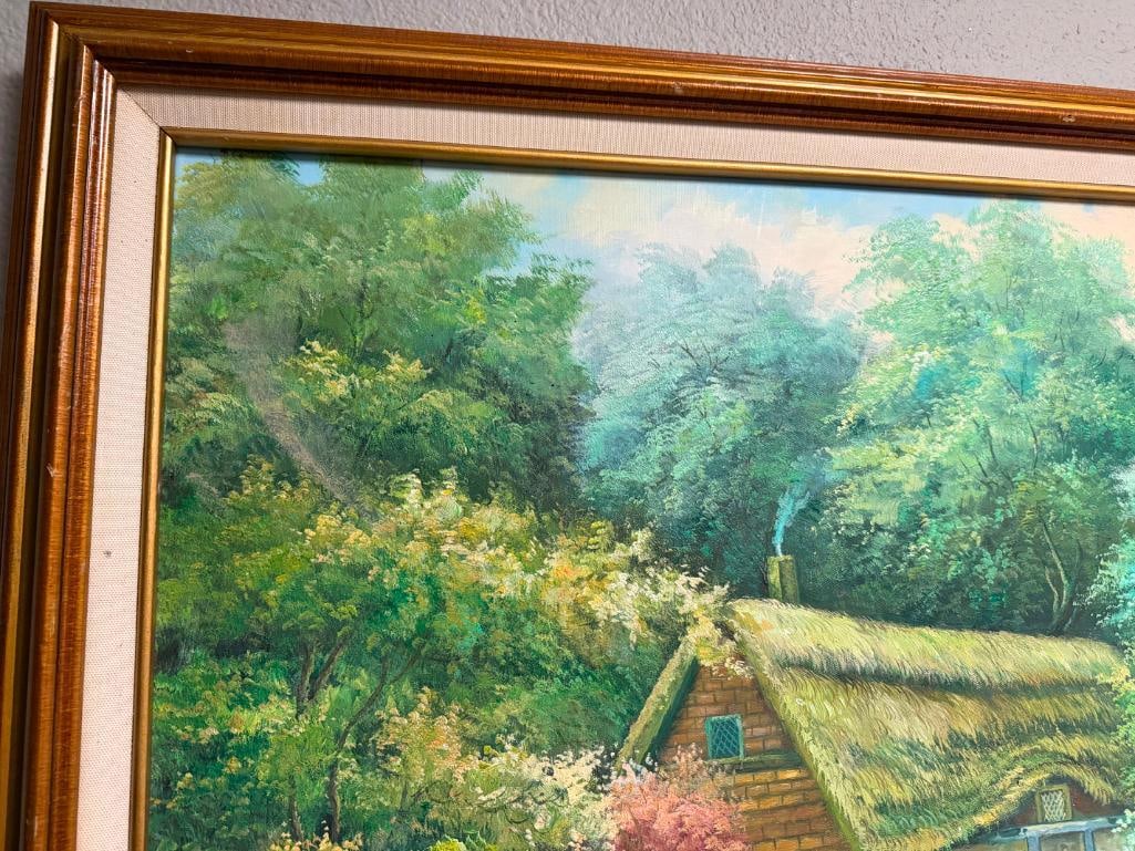 ORIGINAL OIL ON CANVAS PAINTING OF LAKESIDE COTTAGE WITH GREEN FOLIAGE - 6