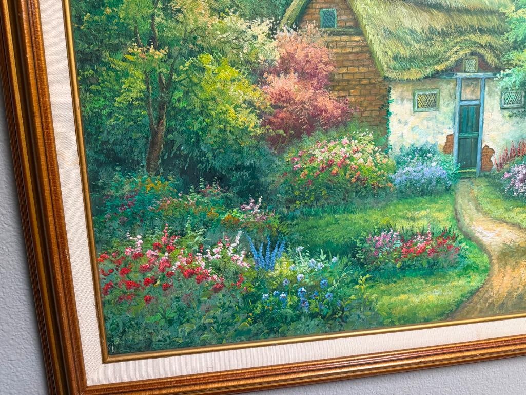 ORIGINAL OIL ON CANVAS PAINTING OF LAKESIDE COTTAGE WITH GREEN FOLIAGE - 7