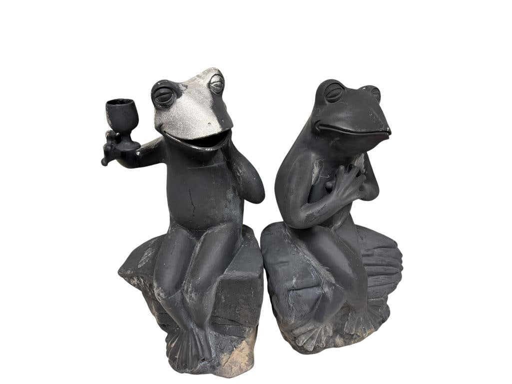 PAIR OF CAST ALUMINUM FIGURAL FROG YARD ART SCULPTURES: INCLUDES A FROG WITH WINE GLASS IN HAND AND A FROG WITH HIS HANDS COVERING HIS HEART, BOTH SHOW WEAR FROM BEING OUTDOORS 22" H