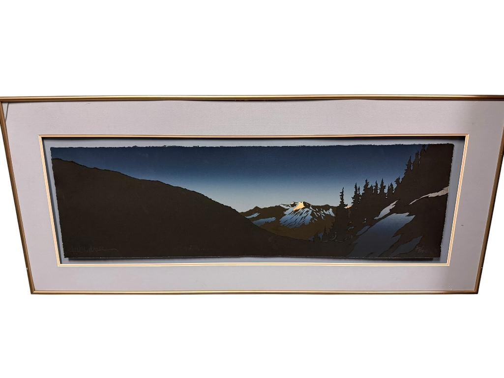 SIGNED AND NUMBERED LIMITED EDITION ALASKAN LANDSCAPE PRINT BY LISTED ARTIST BYRON BIRDSALL: SIGNED BY ARTIST IN LOWER LEFT, NUMBERED 75/100, FRAMED AND DOUBLE MATTED, DEPICTS SILHOUETTE OF SNOW CAPPED MOUNTAINS, GLASS ON FRAME HAS BEEN REMOVED 38" X 16 1/2" FRAME