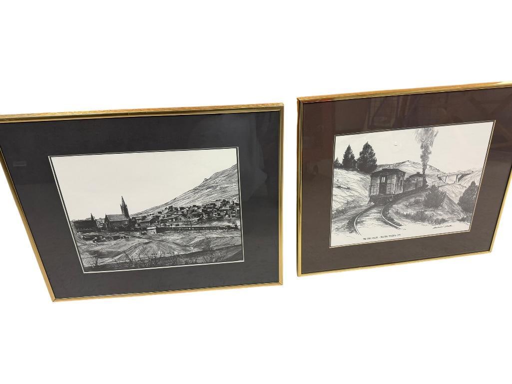 TWO VIRGINIA CITY, NEVADA BY ANDREW SARR INCLUDING " THE LONG GRADE - NEARING VIRGINIA CITY ": ALSO INCLUDES "VIRGINIA CITY, NEVADA," BOTH METAL FRAMED WITH GLASS AND DOUBLE MATTED, ANDREW SARR LOCAL FALLON, NEVADA ARTIST (1913 - 1990), BOTH DEPICT V&T RAILROAD TRAINS PASSING THROUGH