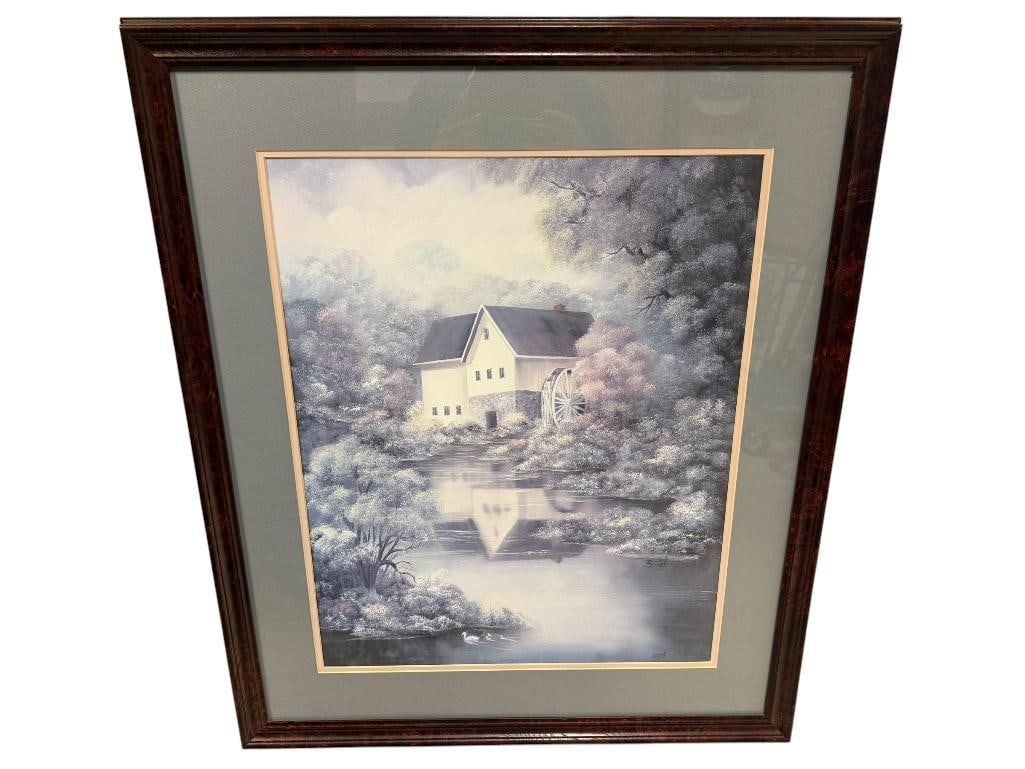 " MABRY MILL " SIGNED AND NUMBERED LIMITED-EDITION PRINT BY LINDA BENNETT: CELEBRATED AMERICAN LANDSCAPE ARTIST, DEPICTS A TRANQUIL, SOFT FOCUSED SCENIC VIEW WITH HISTORIC WHITE GRIST MILL WITH LARGE WATERWHEEL, SIGNED BY ARTIST IN LOWER RIGHT AND NUMBERED 779/1000, FRAMED A