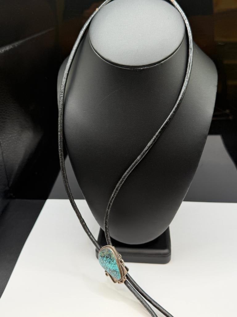 VINTAGE NAVAJO STERLING SILVER TURQUOISE NO. 8 BOLO TIE - 2