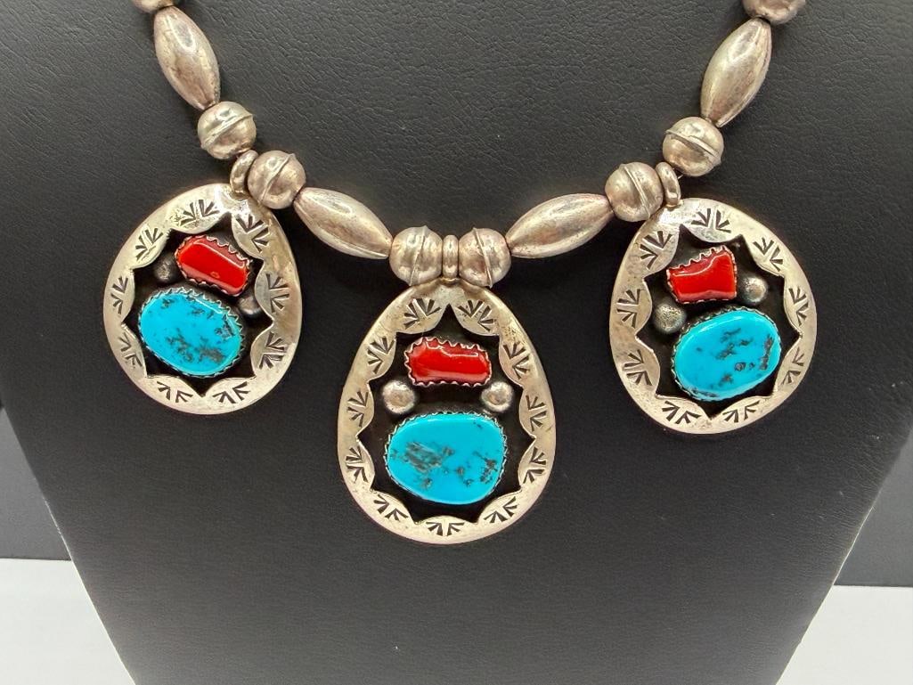 NAVAJO TEDDY GOODLUCK ARTIST SIGNED STERLING SILVER TURQUOISE AND CORAL NECKLACE - 2