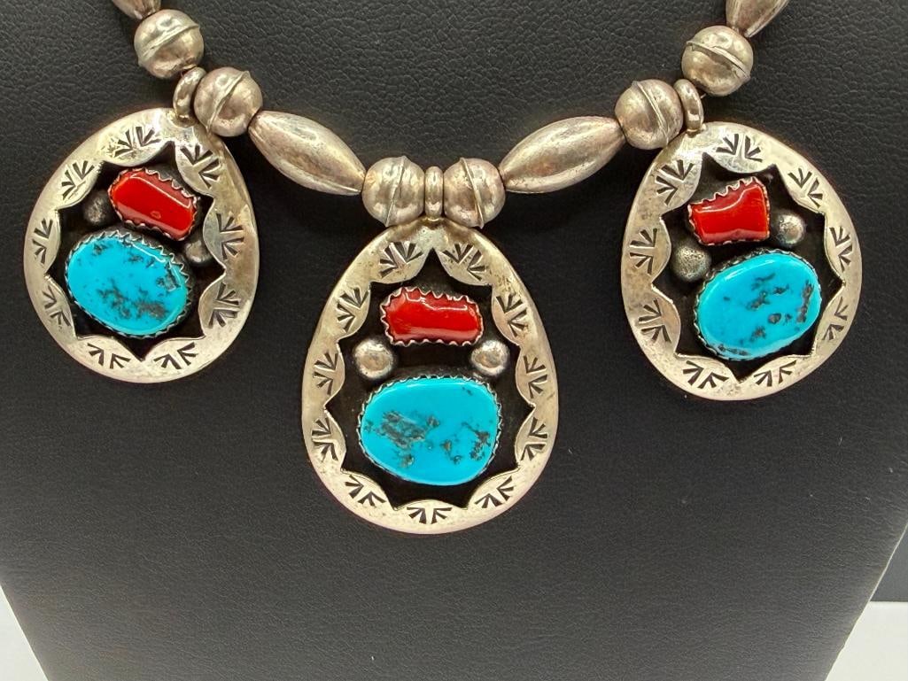 NAVAJO TEDDY GOODLUCK ARTIST SIGNED STERLING SILVER TURQUOISE AND CORAL NECKLACE - 3