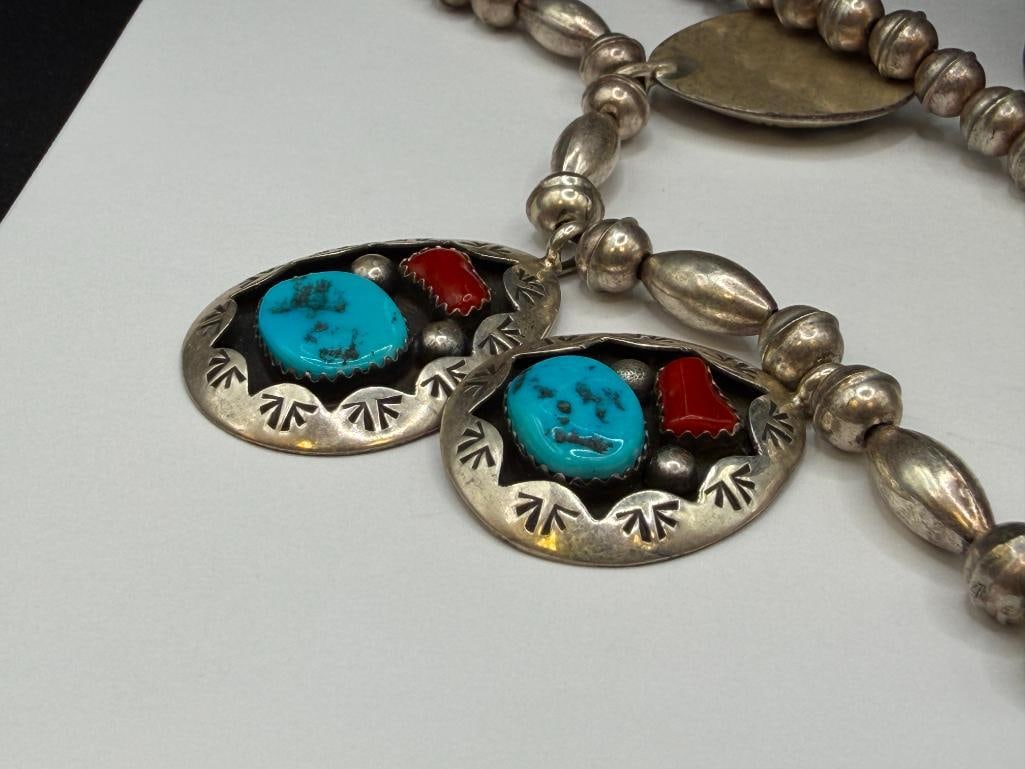 NAVAJO TEDDY GOODLUCK ARTIST SIGNED STERLING SILVER TURQUOISE AND CORAL NECKLACE - 4