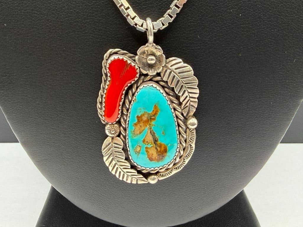 VINTAGE NAVAJO ARTIST SIGNED STERLING SILVER TURQUOISE AND CORAL PENDANT ON ITALIAN STERLING CHAIN - 2