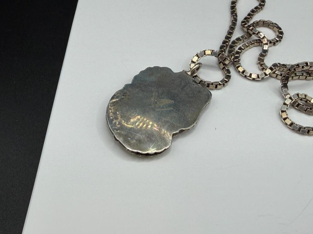 VINTAGE NAVAJO ARTIST SIGNED STERLING SILVER TURQUOISE AND CORAL PENDANT ON ITALIAN STERLING CHAIN - 5