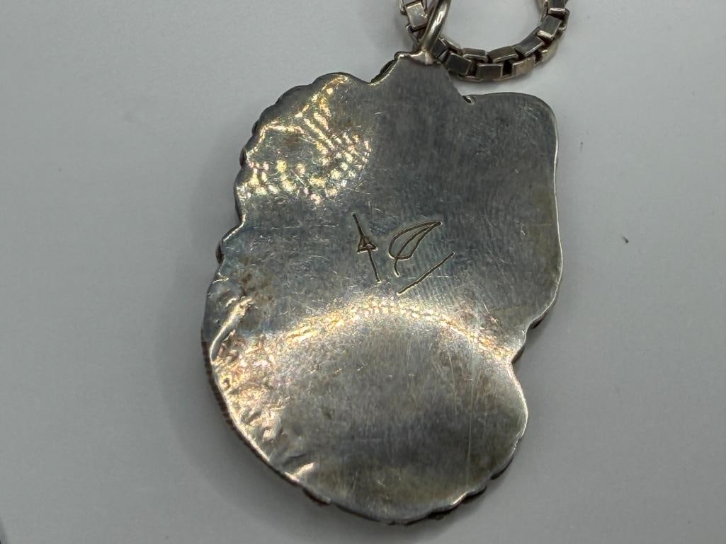 VINTAGE NAVAJO ARTIST SIGNED STERLING SILVER TURQUOISE AND CORAL PENDANT ON ITALIAN STERLING CHAIN - 6