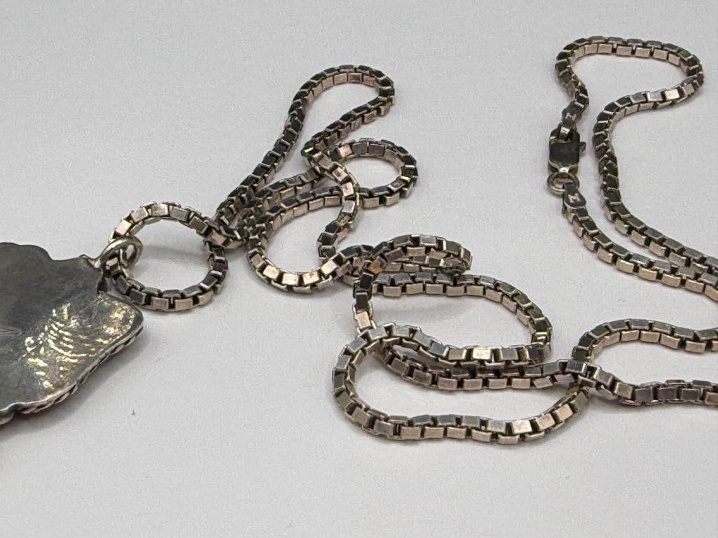VINTAGE NAVAJO ARTIST SIGNED STERLING SILVER TURQUOISE AND CORAL PENDANT ON ITALIAN STERLING CHAIN - 7