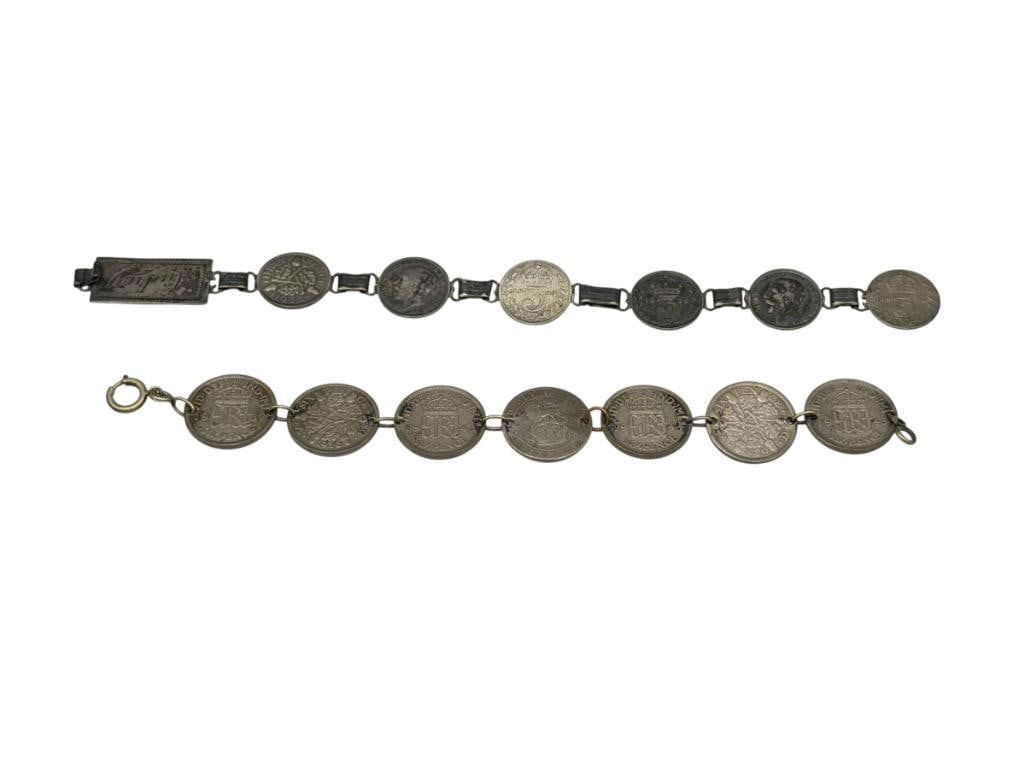 TWO VINTAGE GREAT BRITAIN SILVER COIN BRACELETS INCLUDING ONE MARKED "AUDREY LOVE JOHN ENGLAND 19...: ONE MARKED AUDREY HAS STERLING CLASP AND NEEDS REPAIR, BOTH FEATURE GREAT BRITAIN COINS FROM THE 1930'S AND 1940'S, INCLUDES 6 PENCE AND 3 PENCE COINS 7" AND 8" L, 32.65 GRAMS