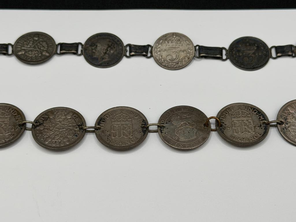 TWO VINTAGE GREAT BRITAIN SILVER COIN BRACELETS INCLUDING ONE MARKED "AUDREY LOVE JOHN ENGLAND 19... - 2