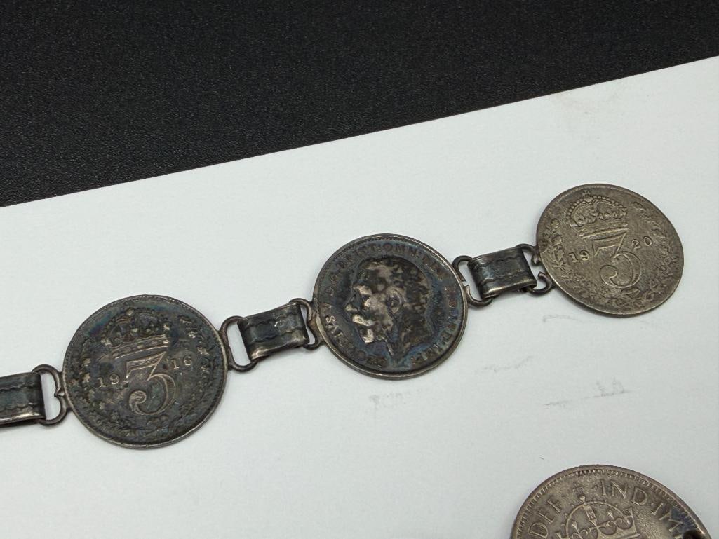 TWO VINTAGE GREAT BRITAIN SILVER COIN BRACELETS INCLUDING ONE MARKED "AUDREY LOVE JOHN ENGLAND 19... - 4