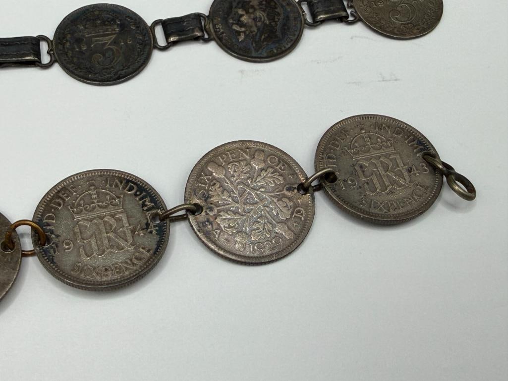 TWO VINTAGE GREAT BRITAIN SILVER COIN BRACELETS INCLUDING ONE MARKED "AUDREY LOVE JOHN ENGLAND 19... - 5