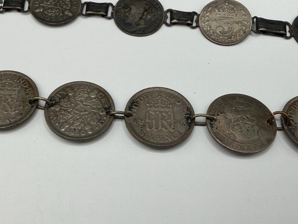 TWO VINTAGE GREAT BRITAIN SILVER COIN BRACELETS INCLUDING ONE MARKED "AUDREY LOVE JOHN ENGLAND 19... - 6