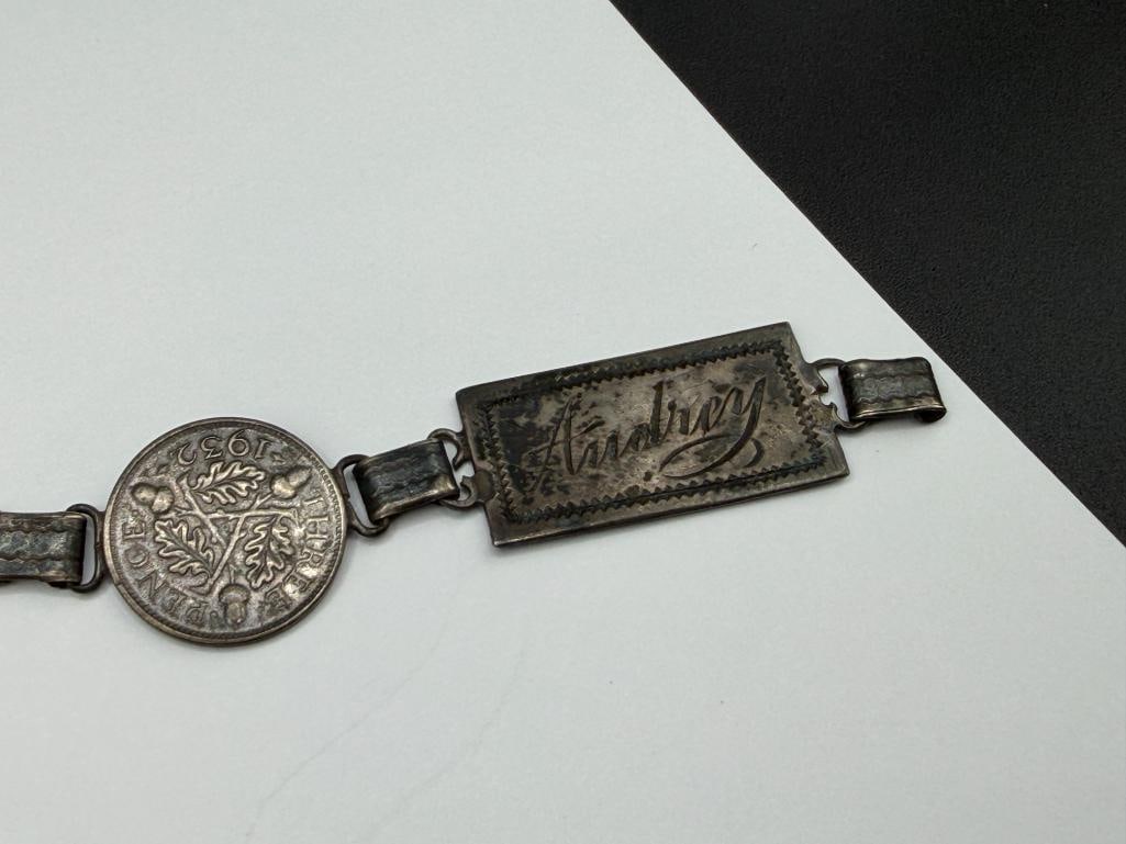 TWO VINTAGE GREAT BRITAIN SILVER COIN BRACELETS INCLUDING ONE MARKED "AUDREY LOVE JOHN ENGLAND 19... - 7
