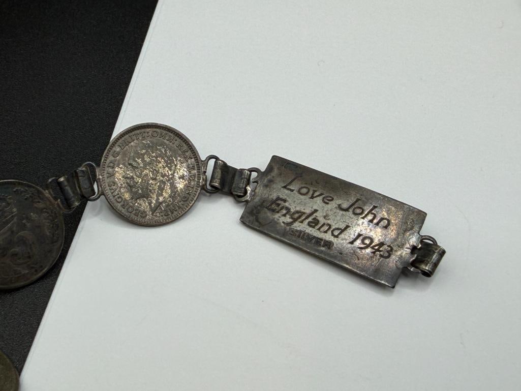 TWO VINTAGE GREAT BRITAIN SILVER COIN BRACELETS INCLUDING ONE MARKED "AUDREY LOVE JOHN ENGLAND 19... - 8
