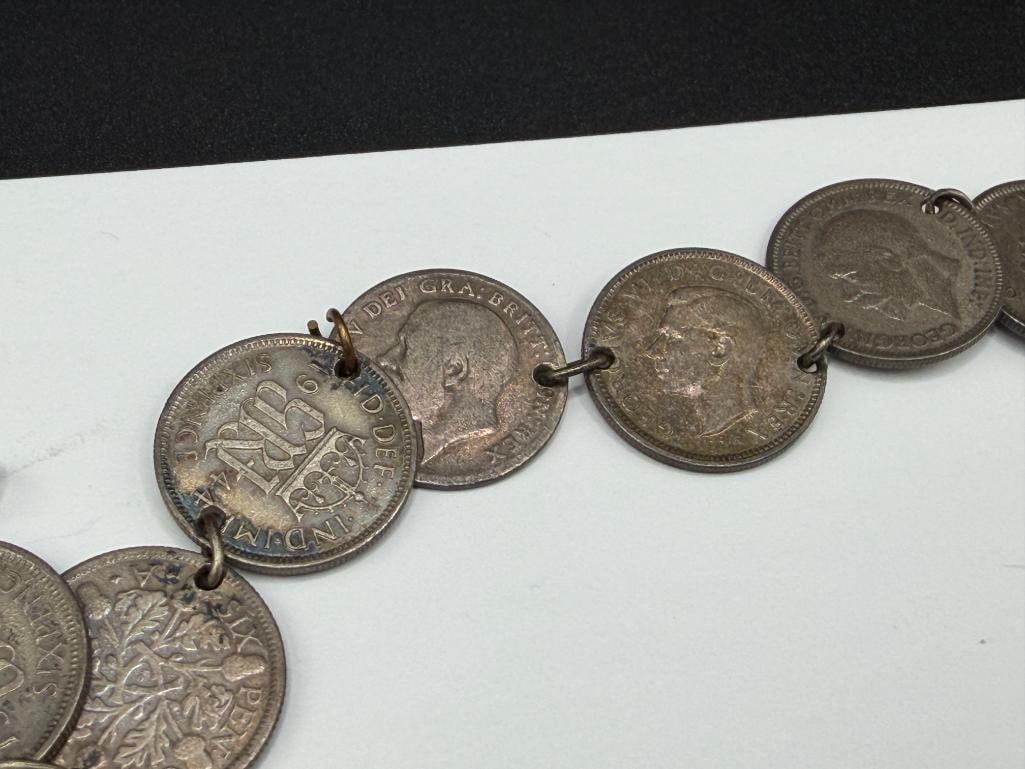 TWO VINTAGE GREAT BRITAIN SILVER COIN BRACELETS INCLUDING ONE MARKED "AUDREY LOVE JOHN ENGLAND 19... - 9