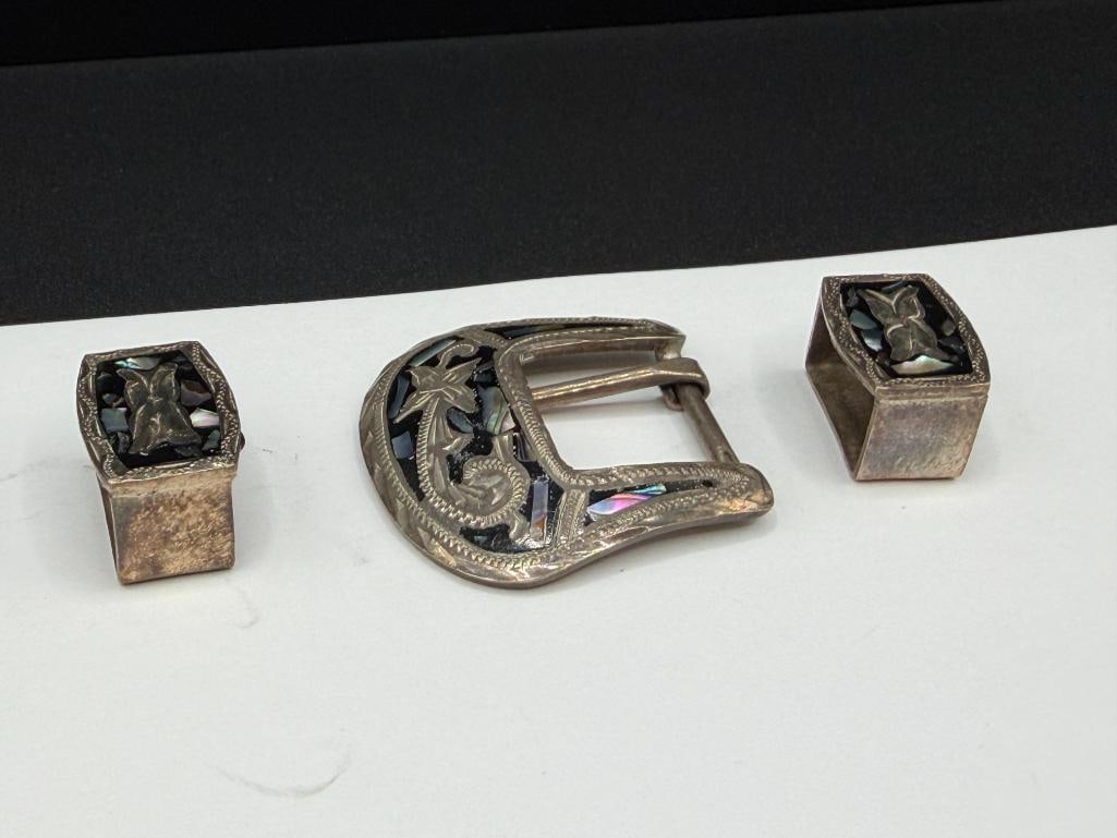 VINTAGE STERLING SILVER MEXICO MADE ABALONE INLAY AND BLACK ENAMEL BELT BUCKLE AND LOOPS - 2