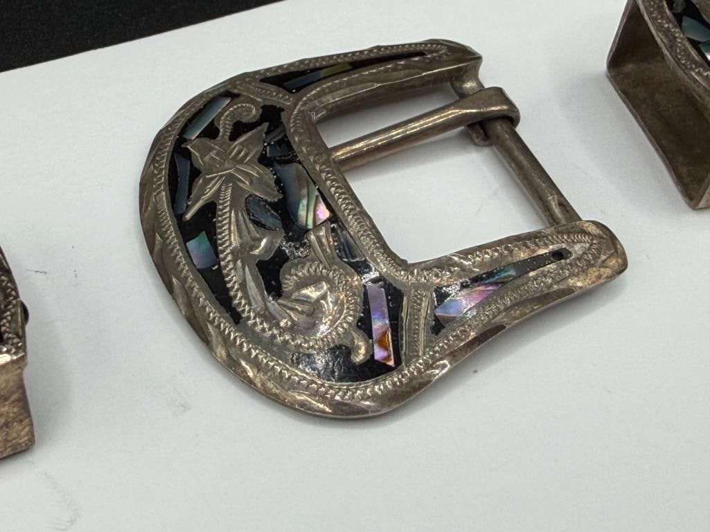VINTAGE STERLING SILVER MEXICO MADE ABALONE INLAY AND BLACK ENAMEL BELT BUCKLE AND LOOPS - 3