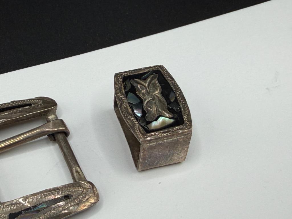 VINTAGE STERLING SILVER MEXICO MADE ABALONE INLAY AND BLACK ENAMEL BELT BUCKLE AND LOOPS - 4